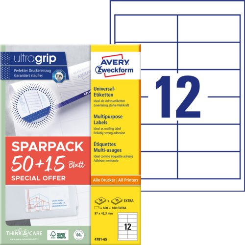 Universal-Etikett ultragrip + 15 Blatt EXTRA, AVERY Zweckform®