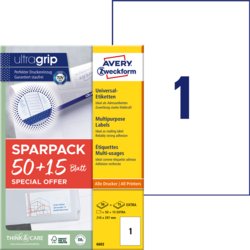 Universal Etikett 50 + 15 Blatt, 65 Etiketten in Packung, Packung mit 65, weiß