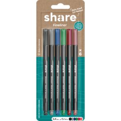 Fineliner 6er-Blister, Schaft schwarz, blau, grau, grün, rot, schwarz, orange