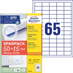 Universal-Etikett ultragrip + 15 Blatt EXTRA, A4, Packung mit 65 Blatt, weiß